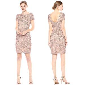 Adrianna Papell sequined rose gold cocktail dress scoop back formal beaded